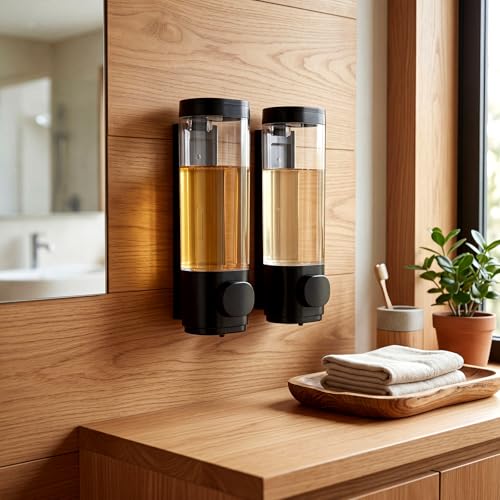 Junkin 4 Pcs Manual Bathroom Wall Mounted Soap Dispenser, 300ml Black Kitchen Bathroom Commercial Shower Clear Refillable Soap Dispenser Clear Plastic Refillable Liquid Lotion Pump and Organizer - color: Black