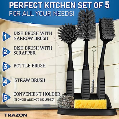 Dish Brush Set of 5 with Holder - Kitchen Scrub Brushes with Non-Slip Long Handle for Cleaning, Scrubber, Dishwashing, Dishes, Bottles, Straws, Cups, Pots & Sink, Black - color: Black, Set of 5 With Holder