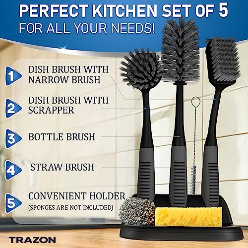 Dish Brush Set of 5 with Holder - Kitchen Scrub Brushes with Non-Slip Long Handle for Cleaning, Scrubber, Dishwashing, Dishes, Bottles, Straws, Cups, Pots & Sink, Black - color: Black, Set of 5 With Holder