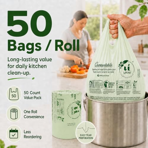 UNNI 1.6 Gallon Compostable Trash Bags with Tie Handles, 50 Count Small Food Scrap Kitchen Compost Bags for Countertop Bin, Certified by BPI, CMA & OK compost HOME, Meets ASTM D6400 - size: 50 Count (Pack of 1), style: 1.6 Gallon
