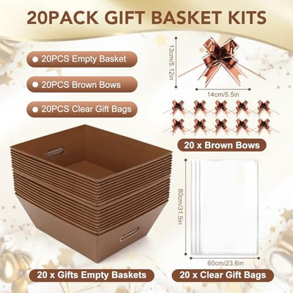 AFOROEOA 20PACK Baskets for Gifts Empty, 12x10x4” Thick Brown Gift Basket with Handles, 20 Bows & 20 Bags - Empty Gift Baskets for Christmas, Thanksgiving, Wedding, Birthday Party, Wrapping Gifts - color: 20PACK Brown