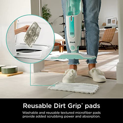 Shark Steam Mop with 2 Machine Washable Dirt Grip Pads, Removable Water Tank, Lightweight, Steam Cleaner for sealed Hard Floors, Marble, Stone, Hardwood, Tile, Laminate, White/Seafoam, S1000 - style: Steam Starter