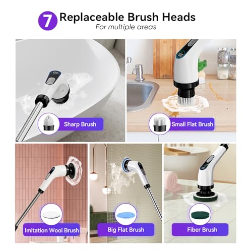 Electric Spin Scrubber Cordless – Powerful Bathroom Cleaning Brush with Long Handle, 2 Speeds, 3000mAh Rechargeable, 7 Brush Heads, Wall Hanger & Crevice Tools – Shower, Tub & Tile Cleaner