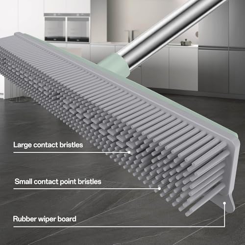 Rubber Broom with Hair Removal Gloves for Carpet Pet Hair Remover,50 inch Long Handled Fur Remover Rake,Portable Detailing Lint Brush,Pet Removal Fluff Carpet,Hardwood Floor,Tile,Green