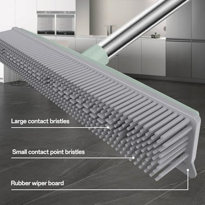 Rubber Broom with Hair Removal Gloves for Carpet Pet Hair Remover,50 inch Long Handled Fur Remover Rake,Portable Detailing Lint Brush,Pet Removal Fluff Carpet,Hardwood Floor,Tile,Green