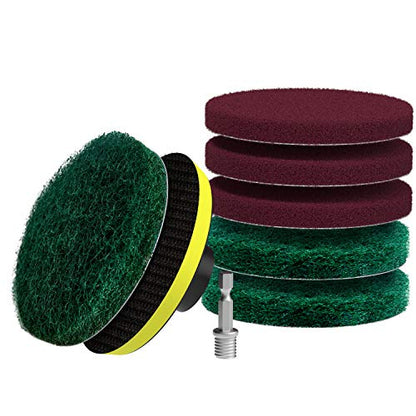 SCRUBIT Drill Brush Power Scouring Pads - Heavy Duty Tub and Tile Cleaner - Drill Scrubber Brush kit Includes Drill Attachment, 3 Red, 3 Stiff Green Scrubber Pads