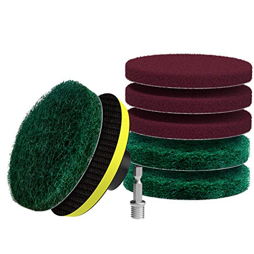 SCRUBIT Drill Brush Power Scouring Pads - Heavy Duty Tub and Tile Cleaner - Drill Scrubber Brush kit Includes Drill Attachment, 3 Red, 3 Stiff Green Scrubber Pads