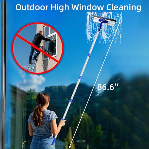 86.6" Window Squeegee Cleaner,2 in 1 Window Cleaning Tool Kit,Shower Squeegee with Extension Pole，Glass Cleaning Tools for Shower Glass,Indoor/Outdoor High Window Cleaning-Two Pads - size: 86.6"