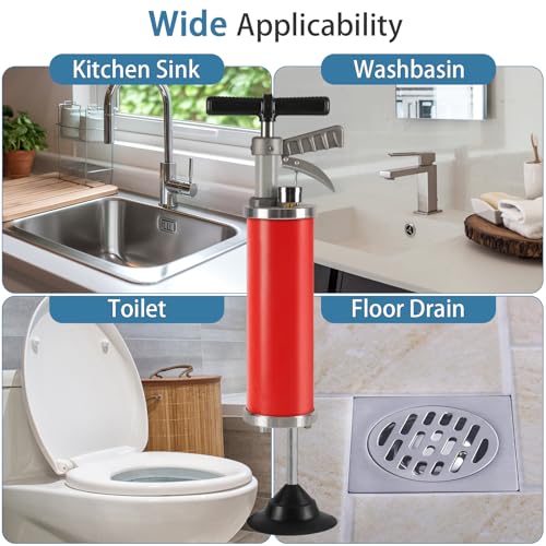 Portable High Pressure Kinetic Toilet Plunger Air Drain Blaster Pump for Bath Toilets Bathroom Shower Kitchen Clogged Pipe (Red) - color: Red