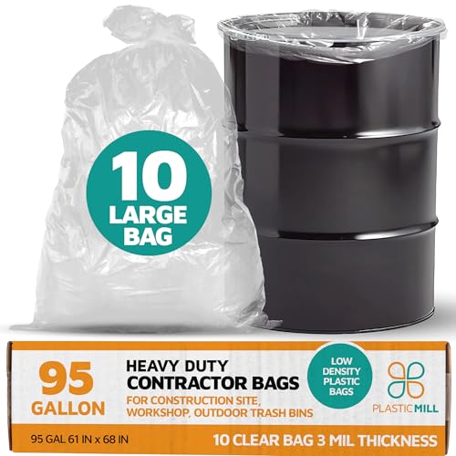 PlasticMill Contractor Bags Heavy Duty - Commercial, Industrial Garbage Bags - Clear Construction Trash Bags - Outdoor, Garden Trash Bags, 95-Gallon, 3 Mil, 61"x68" (10-Count) - size: 1 Count (Pack of 10)