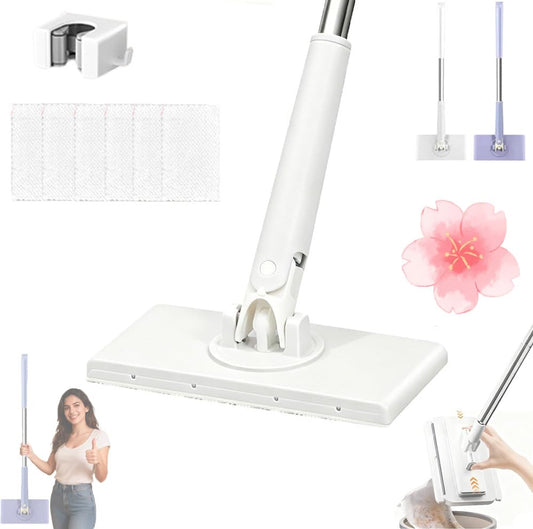 Zero Touch Grip Lock Mop, Planvisi Mop, Zero Touch Fiber Lock MiniMop, Portable Self-Squeeze LazyMop Snap Grip ClipMop, Hands-Free Flat FloorMop for Hardwood Tile Cleaning (White, 28in+6 Cloth) - color: White, size: 28in+6 cloth