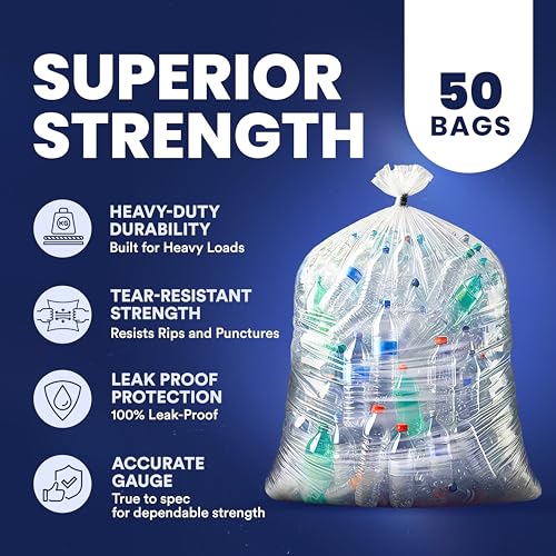 Plasticplace Heavy Duty 55-60 Gallon Trash Bags – Clear Garbage Can Liners (38” x 58”) – Durable Multiuse, Puncture-Resistant, 50 Count – Ideal for Kitchens, Warehouses and Recycling Trashbags 1.5 Mil - color: Clear, size: 1 Count (Pack of 50)