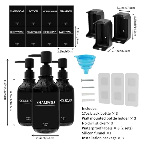 Shampoo and Conditioner Dispenser, Shower Soap Dispenser with 16 Waterproof Labels, Shampoo Dispenser for Shower Wall, Shower Dispenser 3 Chamber No Drill, 17oz, Black - color: Black Bottle + Black Pump
