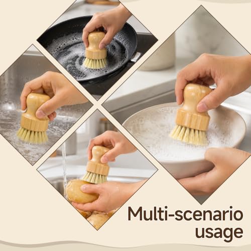 SAMEBUTECO 5 Piece Bamboo Dish Brush Set,11.5’’ Long Handle Bottle Brush with Sisal Bristles, 3 Pot Brushes,1 Replaceable Heads, Natural Kitchen Brush for Pot,Pans,Sink,Vegetables