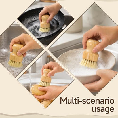 SAMEBUTECO 5 Piece Bamboo Dish Brush Set,11.5’’ Long Handle Bottle Brush with Sisal Bristles, 3 Pot Brushes,1 Replaceable Heads, Natural Kitchen Brush for Pot,Pans,Sink,Vegetables