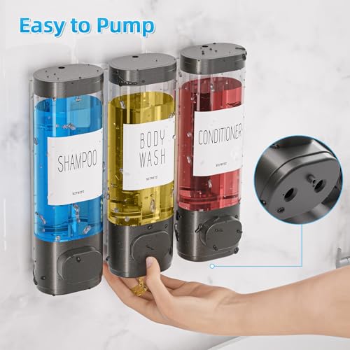 VITVITI Shampoo and Conditioner Dispenser for Shower Wall, Shower Soap Dispenser 3 Chamber No Drill Wall Mounted, 10.2 OZ Plastic Refillable Shower/Body Wash Bottles for Bathroom (Gun Gray) - color: Gray