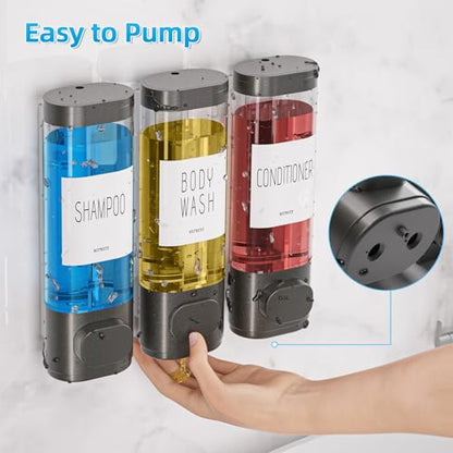 VITVITI Shampoo and Conditioner Dispenser for Shower Wall, Shower Soap Dispenser 3 Chamber No Drill Wall Mounted, 10.2 OZ Plastic Refillable Shower/Body Wash Bottles for Bathroom (Gun Gray) - color: Gray