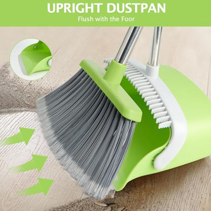 Broom and Dustpan Set, Dustpans with Broom Combo for Home, Heavy Dust Broom and Dustpan Combo, Long Handle Dust Pan and Broom Set for Kitchen, Office, Pet Hair(Gray Green) - color: Green 1-pack