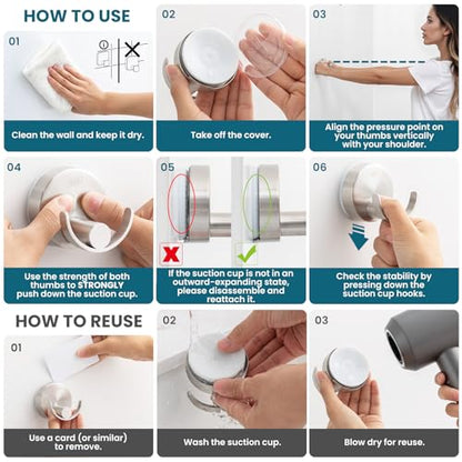 TAILI 304 Stainless Steel Bathroom Suction Hooks for Towel, Bathrobe, Loofah, Patented Strong Suction Cup Holder, No Damage Hanging Glass Shower Wall Hook, Double-Hook Sleek Design, 2 Pack, Silver - color: Sleek Double-Hook, Silver