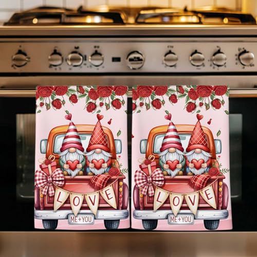 Valentine's Day Kitchen Towels Set, Ultra Absorbent Dish Towels Quick Drying Microfiber Hand Towel Decorative Large Red Roses Love Heart Gnomes Truck Pink Tea Towel Dishcloths for Kitchen 18"x28" - color: Pink, size: 1 Pack