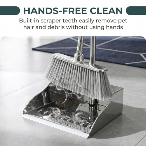 Metal Dustpan with Soft Bristles Broom Heavy Duty Stainless Steel Upright Standing Dust Pan and Broom for Sweeping Indoor Outdoor Home Kitchen Office Lobby Hardwood Floor Cleaning