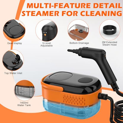 Steam Cleaner for Home & Car-Portable Handheld Steamer for Cleaning with 3-Level Handle, 15s Heat-Up, Large Tank, 16 Accessories - Clean Grease, Grout, Tile, Floor, Couch, Dirt, Furniture