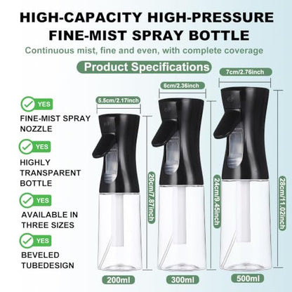 3PCS Spray Bottles,Continuous Water Spray Bottle for Hair,Cleaning,Plants,Office,Portable Spray Mist Bottle,Black(200ml+300ml+500ml)