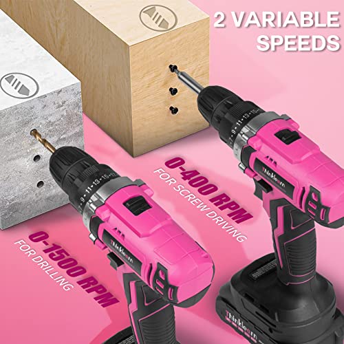 20V Pink Cordless Drill Set - Power Drill/Driver Kit with Drill Brush, Bit Set, 3/8" Keyless Chuck, 2 Variable Speed, 25+1 Torque Setting, Battery and Charger Included, Electric Drill for Home