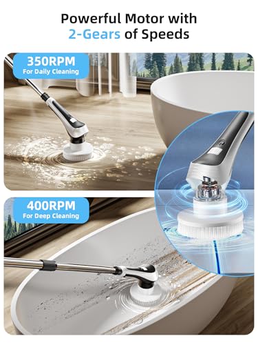 Electric Spin Scrubber,Cordless Shower Scrubber with Power Display Screen,IP68 Waterproof Bath Cleaning Brush,Adjustable Extension Handle & 2 Speeds,Electric Cleaning Brush for Bathroom,Kitchen,Tub