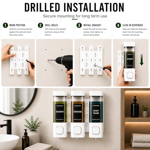 Shampoo and Conditioner Dispenser, Shower Shampoo Dispenser 3 Chamber No Drill, Shampoo and Conditioner Bottles for Bathroom Hotel Large Capacity(White) - color: White
