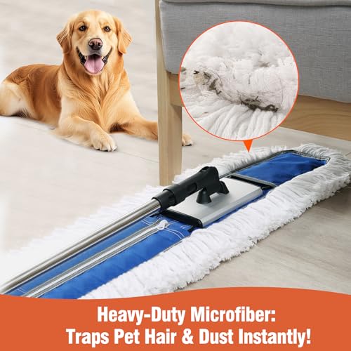 CLEANHOME 24" Heavy-Duty Commercial Dust Mop for Hardwood Floors | Large Areas - with 2 Microfiber Pads, Reinforced Telescoping Handle for Stable Cleaning in Homes, Garages & Commercial Spaces