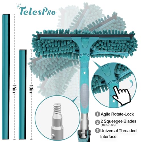 TelesPro 30 Feet High Reach Window Squeegee with 6-24 Ft Extension Pole, Window Cleaner Tool with 5-Stage Telescoping Pole, Window Cleaning Kit with Rotatable Head (2 Squeegee & 2 Microfibre Cloths) - size: 24 FT