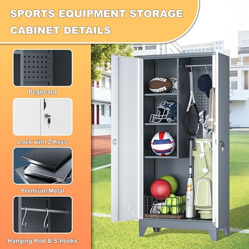 Broom Closet Storage Cabinet, Metal Garage Storage Cabinet with 2 Doors & Pegboard, 61" Utility Cabinet with Hanging Rod, Tool Cabinet for Garage, Laundry Room, Home Office, White-Gray - size: 61" Garage Cabinets