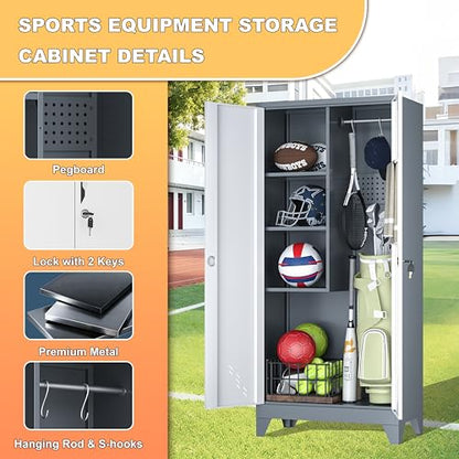 Broom Closet Storage Cabinet, Metal Garage Storage Cabinet with 2 Doors & Pegboard, 61" Utility Cabinet with Hanging Rod, Tool Cabinet for Garage, Laundry Room, Home Office, White-Gray - size: 61" Garage Cabinets