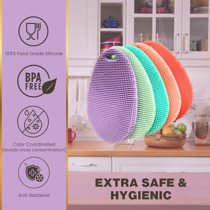 Silicone Sponge Dish Scrubber - Food Grade Silicone Dish Scrubber and Housecleaning - BPA Free Silicone Kitchen Scrubber [5 Pack Ovals Spring] - color: Spring