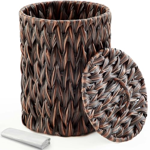 Ctosree 1.3 Gallons Small Trash Can with Lid Handle Boho Woven Braided Bathroom Waste Basket Trash Can with 100 Garbage Bags for Bedroom Office Laundry(Braided Polypropylene, Dark Brown) - color: Dark Brown, style: Round