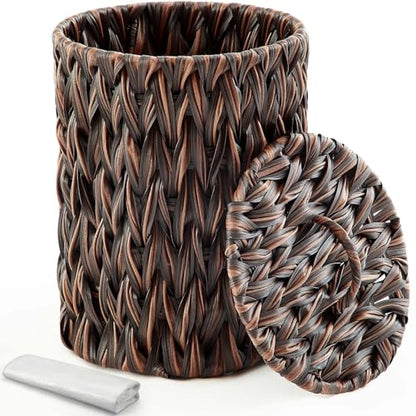 Ctosree 1.3 Gallons Small Trash Can with Lid Handle Boho Woven Braided Bathroom Waste Basket Trash Can with 100 Garbage Bags for Bedroom Office Laundry(Braided Polypropylene, Dark Brown) - color: Dark Brown, style: Round