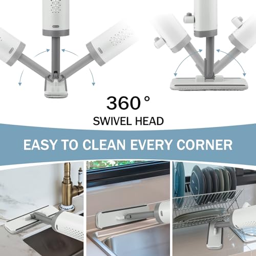 Portable Mini Cleaning Squeeze, Small Short Flat Mop with Rotatable Head and Reusable Microfiber Pads for Floor, Window Sill, Ceramic Tile Wall, Stove, Kitchen, Bathroom