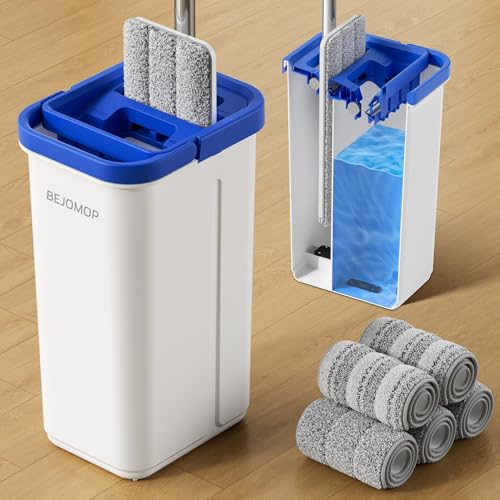 Mop and Bucket Set, Mops for Floor Cleaning with 60" Long Handle, Squeeze Flat Mop and Bucket System, Dry & Wet Dust Mop for Household Floor Cleaning with 5 Microfiber Mops, Slate Blue - size: Mop System (Blue) - 60" Handle - 5 Total Pads