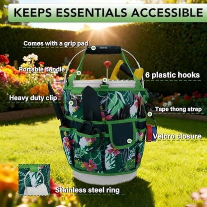 KUNN Bucket Tool Organizer 5 Gallon 18-Pocket Gardening Tool Bag with Hangable Handle | Garden Caddy & Bucket Accessory, Green - style: Green Leaf