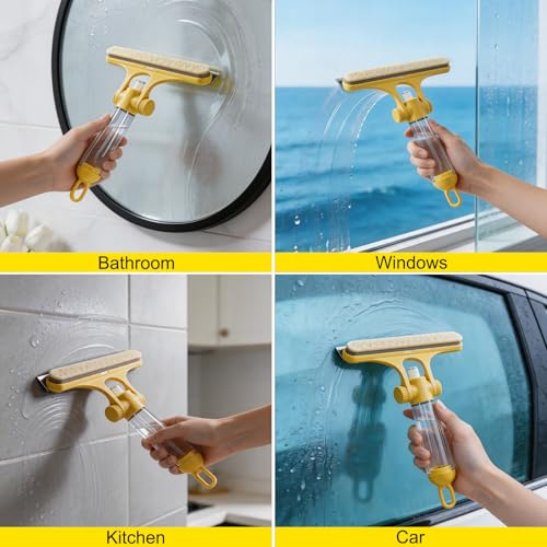 4 in 1 Glass Cleaning Tool with Adjustable Angle Squeegee Spray Bottle and Scrub Brush for Shower Glass Car Windows and Mirrors All in One Window Cleaner Kit