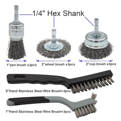VASTOOLS 15pcs Wire Brushes Set, Carbon Steel Cup/Wheel/Pen Brushes for 1/4" Hex Shank Drill Attachments,Stainless Steel Hand Brushes,for Rust Removal,Paint Stripping and Cleaning