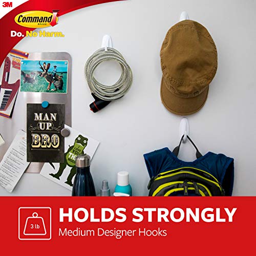 Command Medium Designer Hooks, 2 Hooks and 4 Strips, Damage-Free Hanging Wall Hook with Adhesive Strips, No Tools Great for Hanging, Organization and Storage, Holds up to 3 lb