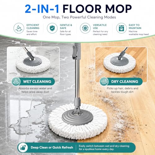 Mop and Bucket Set with Clean & Dirty Water Separation, Spin Mop with 360° Wheels & Drain, 6 Microfiber Heads,Adjustable Handle for Pet Owners, Kitchen, Bathroom, Hardwood & Tile Floors - Pink - color: Pink