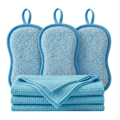 6Pcs Microfiber Cleaning Cloths & Sponges Set - 3Pcs Absorbent Towels + 3Pcs Dual-Sided Scrub Sponges - for Kitchen, Car, Bathroom, Dishes and Hard Surfaces(Blue) - color: Blue