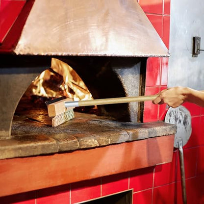 Pizza Oven Brush Brass Bristles with Steel Scraper 60 Inch Long Wood Handle Outdoor Pizza Oven Tool - size: 60 Inch Long