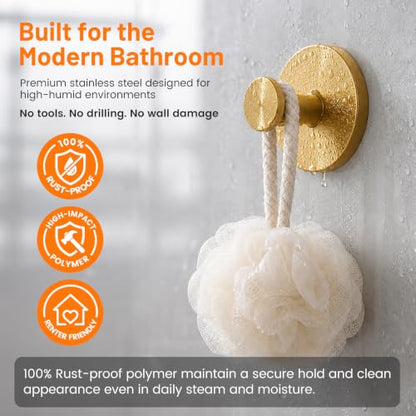 Upgraded Suction Cup Hooks for Shower, No-Drill Bathroom Hooks for Hanging Towels, Robes & Loofah - Mount on Kitchen Walls, Window, Glass, Mirror, Tile & Smooth Surfaces (2 Pack, Gold Tone) - color: Gold