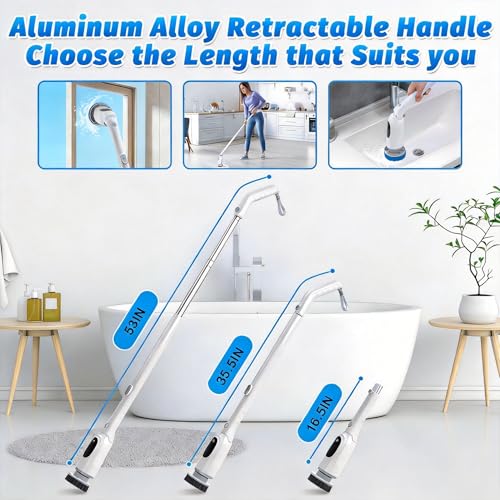 Electric Spin Scrubber, Cordless Shower Scrubber with Adjustable Long Handle, 3 Speeds with IPX7 Bathroom Scrubber, 8 Brush Heads, Electric Cleaning Brush for Bathroom/Kitchen/Bathtub/Crack/Floor/Tile
