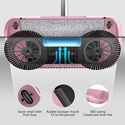 Hand Push Floor Sweepers, 3 in 1 Manual Vacuum Cleaner Mop, Floor Crumb Sweeper, Home Cleaning Sweeping Mop for Wooden Ttile Floor Rugs (Pink)