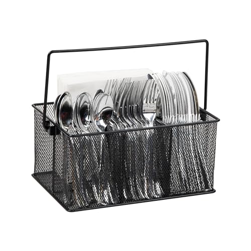 Mind Reader Multi-purpose Storage Caddy with Handle, Desktop Organizer, Cutlery Holder, 4 Compartments, Metal Mesh, Black - color: Black